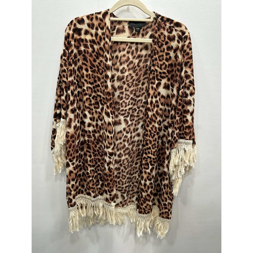 Investments Kimono Womens S/M Brown Leopard Fringe Open Front Boho Cardigan